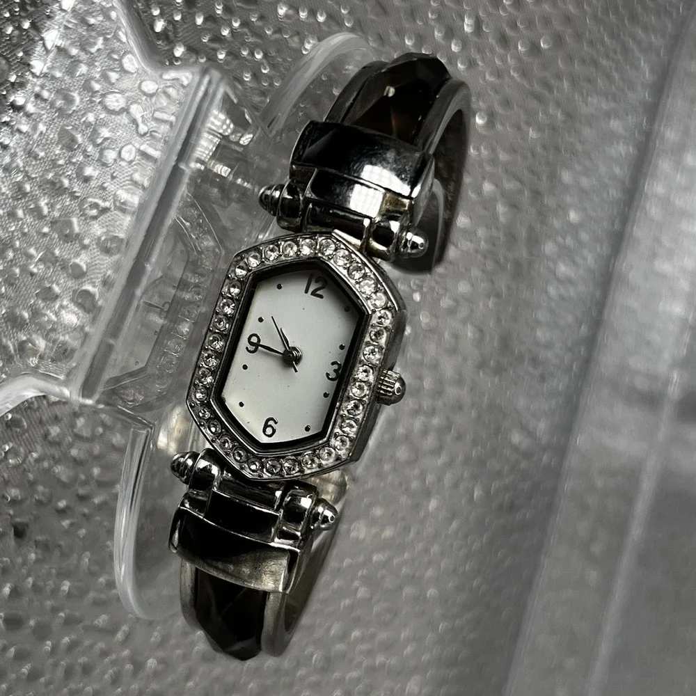 Vintage Tortoise Enamel White/Silver DIAL Women Bejeweled Cuff Rhinestone Watch